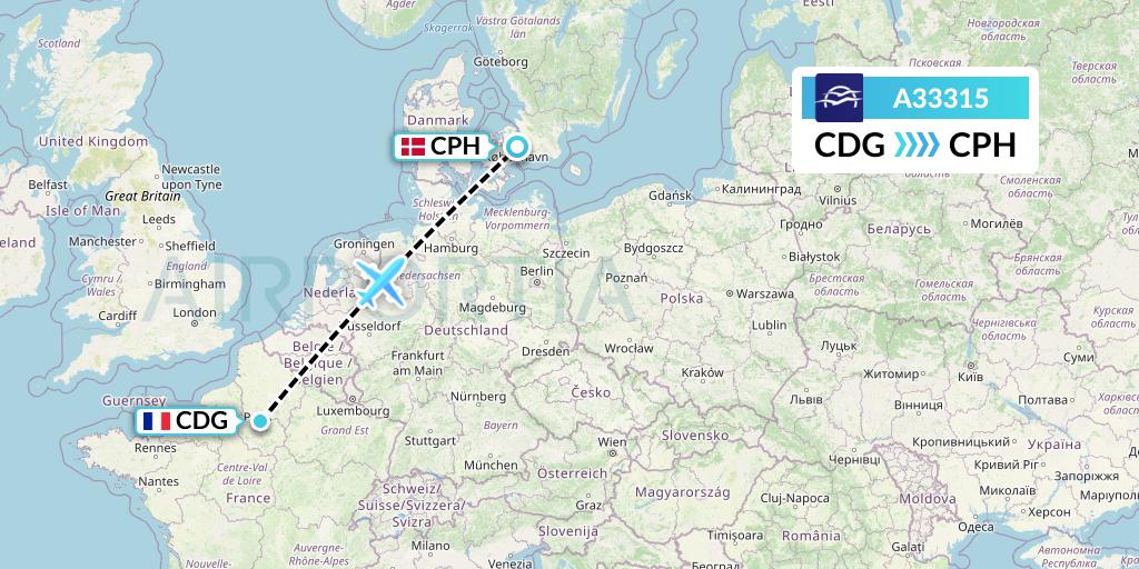 A33315 Aegean Airlines Flight Map: Paris to Copenhagen