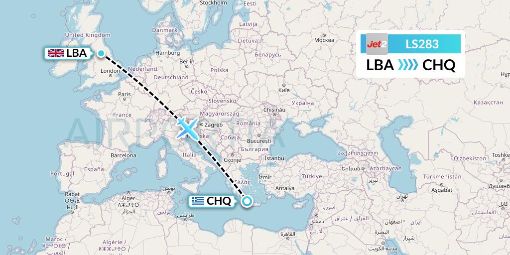 LS283 Jet2 Flight Map: Leeds to Chania
