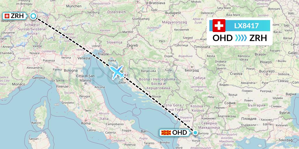 LX8417 Swiss Flight Map: Ohrid to Zurich