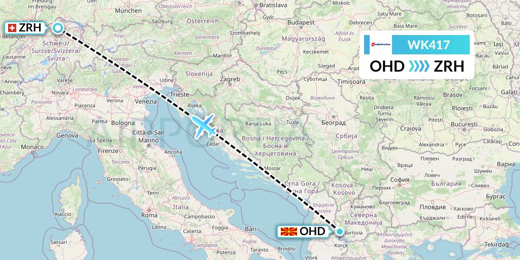 WK417 Edelweiss Air Flight Map: Ohrid to Zurich