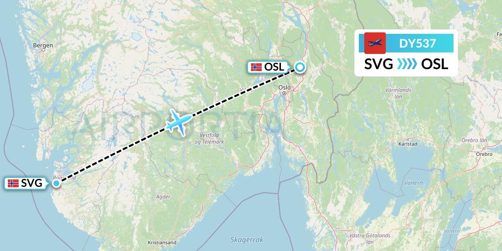 DY537 Norwegian Flight Map: Stavanger to Oslo