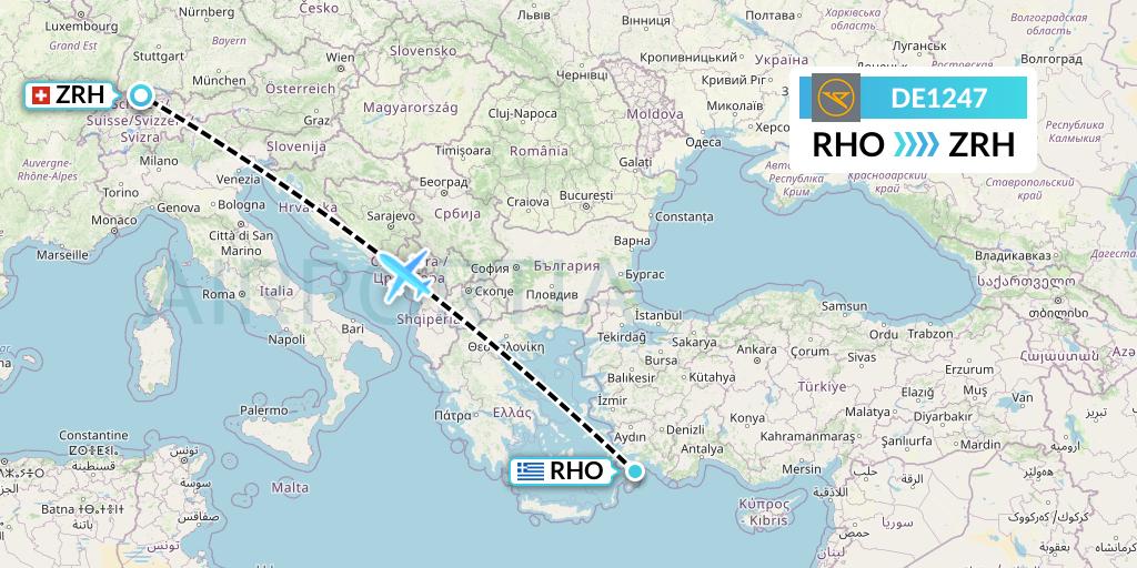 DE1247 Condor Flight Map: Rhodes to Zurich