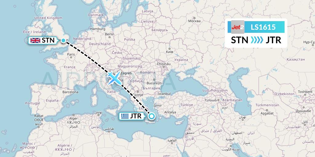 LS1615 Jet2 Flight Map: London to Santorini