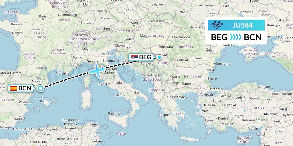 JU584 AirSERBIA Flight Map: Belgrade to Barcelona