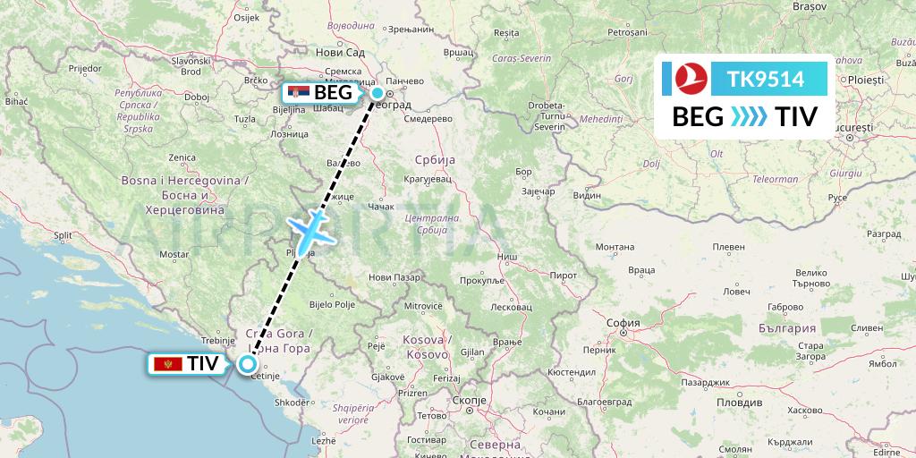 TK9514 Turkish Airlines Flight Map: Belgrade to Tivat