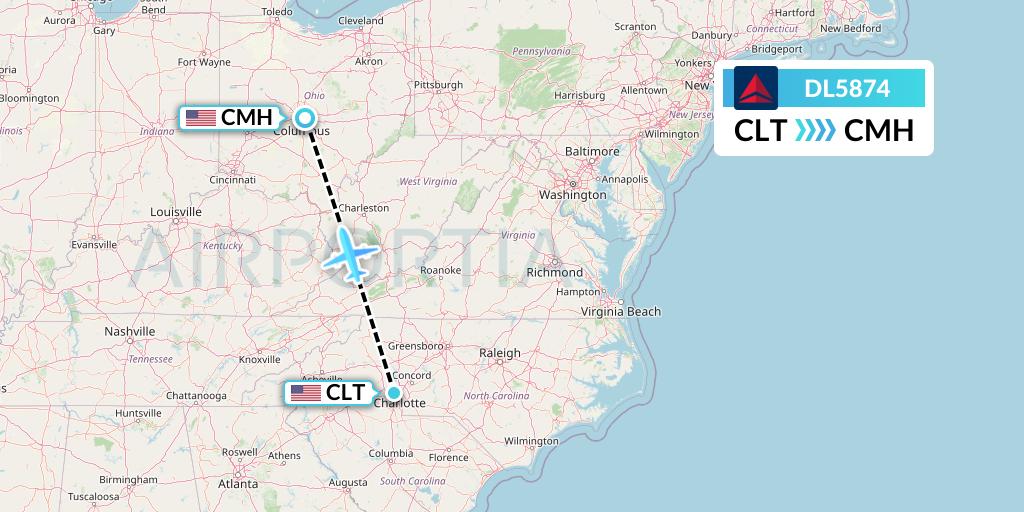DL5874 Delta Air Lines Flight Map: Charlotte to Columbus