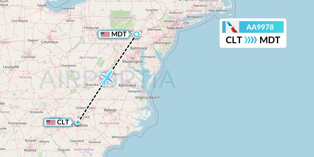AA9978 American Airlines Flight Map: Charlotte to Harrisburg