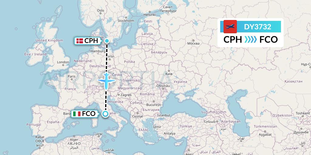 DY3732 Norwegian Flight Map: Copenhagen to Rome
