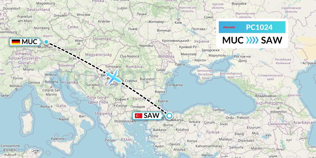 PC1024 Pegasus Airlines Flight Map: Munich to Istanbul