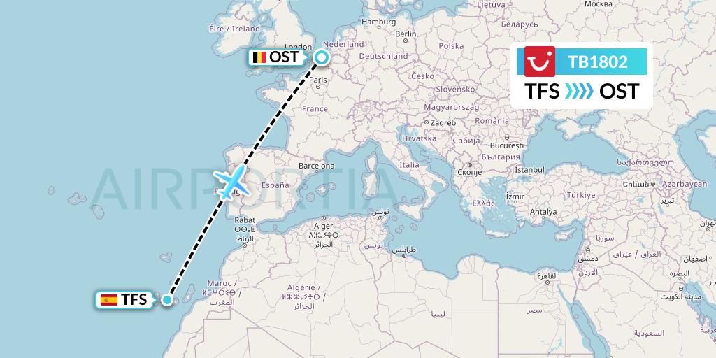 TB1802 TUI fly Belgium Flight Map: Tenerife to Ostend