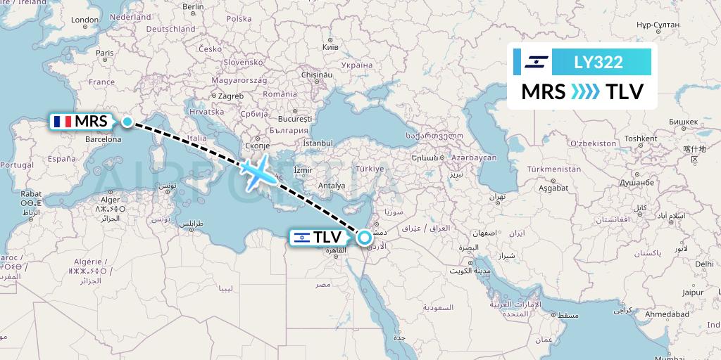 LY322 El Al Flight Map: Marseille to Tel Aviv