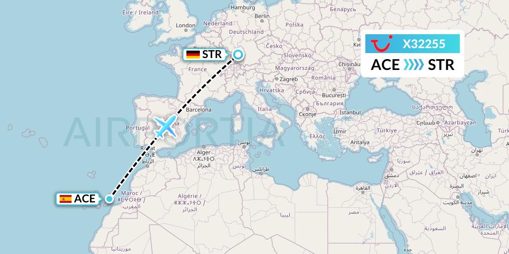 X32255 TUI fly Germany Flight Map: Lanzarote to Stuttgart