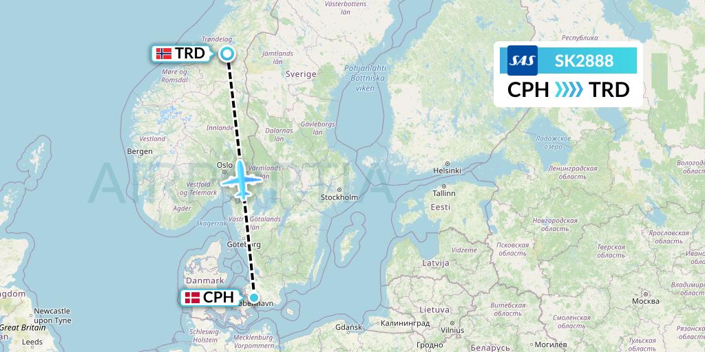 SK2888 SAS Flight Map: Copenhagen to Trondheim