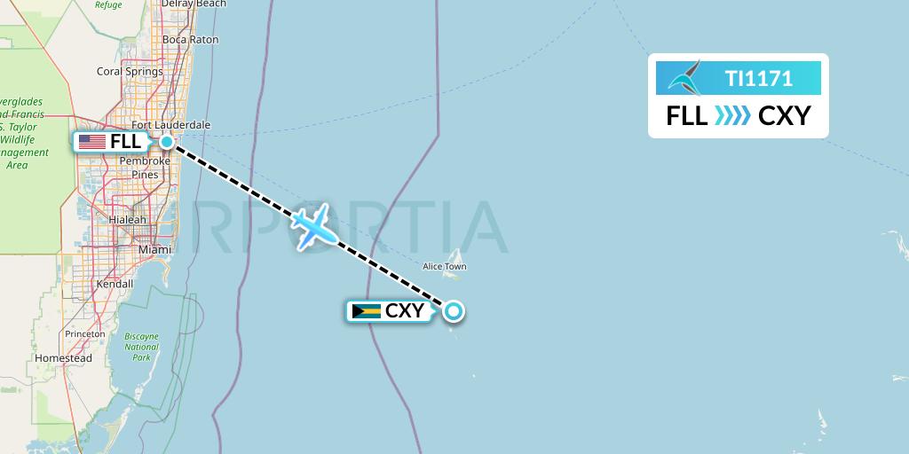 TI1171 Tailwind Airlines Flight Map: Fort Lauderdale to Cat Cay