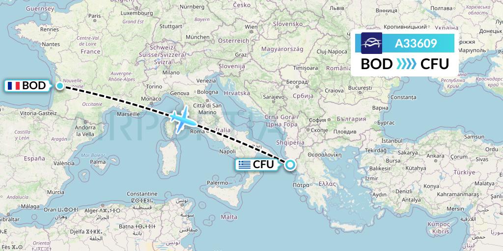 A33609 Aegean Airlines Flight Map: Bordeaux to Corfu