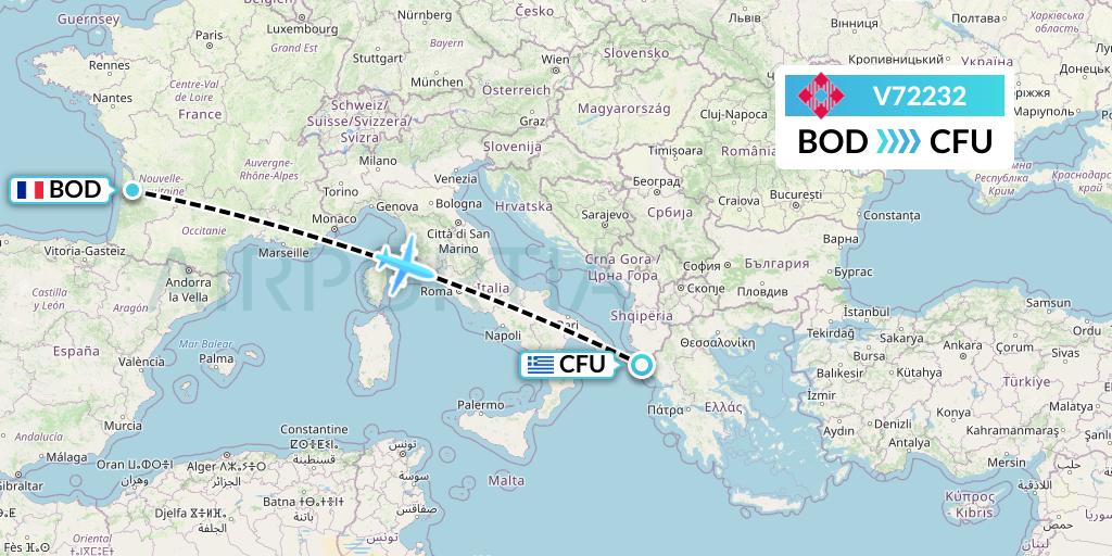 V72232 Volotea Flight Map: Bordeaux to Corfu