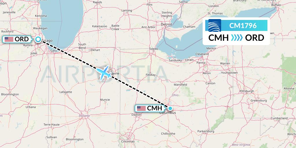 CM1796 Copa Airlines Flight Map: Columbus to Chicago