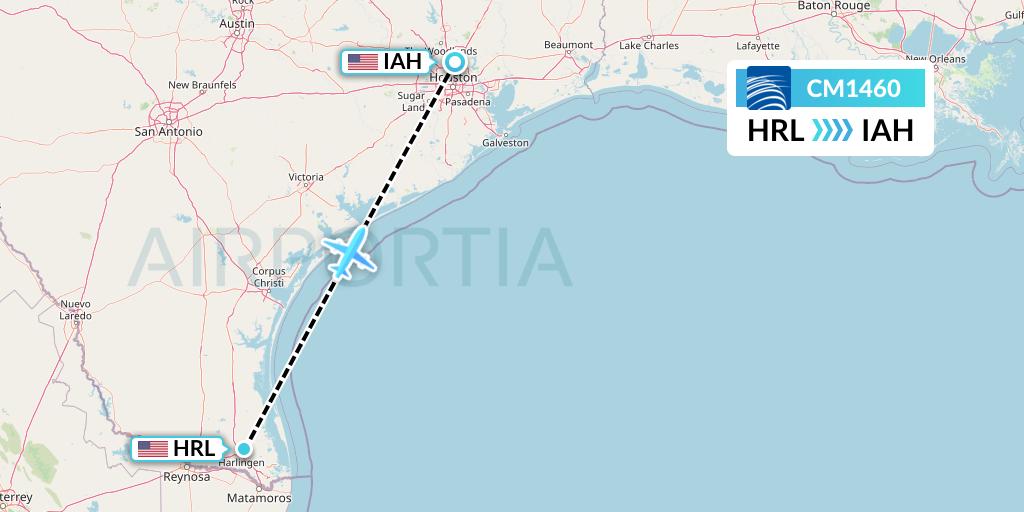 CM1460 Copa Airlines Flight Map: Harlingen to Houston