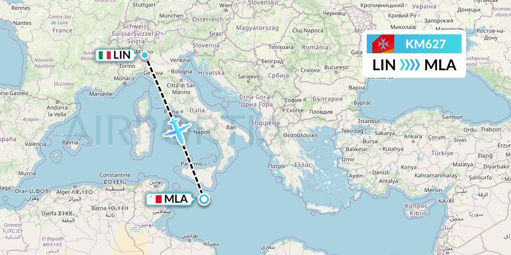 KM627 Air Malta Flight Map: Milan to Malta