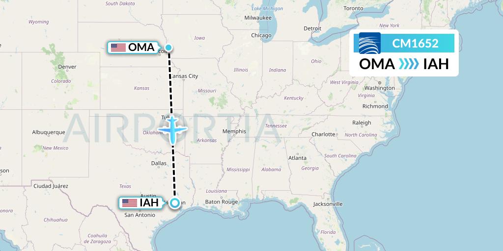 CM1652 Copa Airlines Flight Map: Omaha to Houston