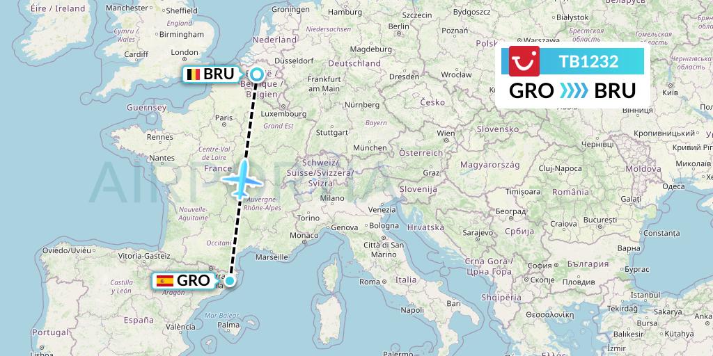 TB1232 TUI fly Belgium Flight Map: Girona to Brussels