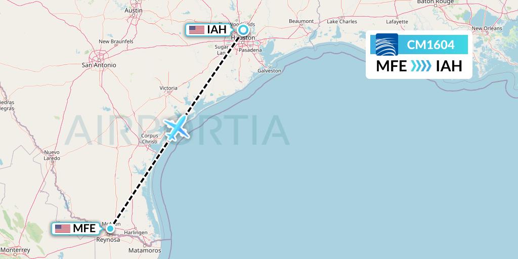 CM1604 Copa Airlines Flight Map: McAllen to Houston