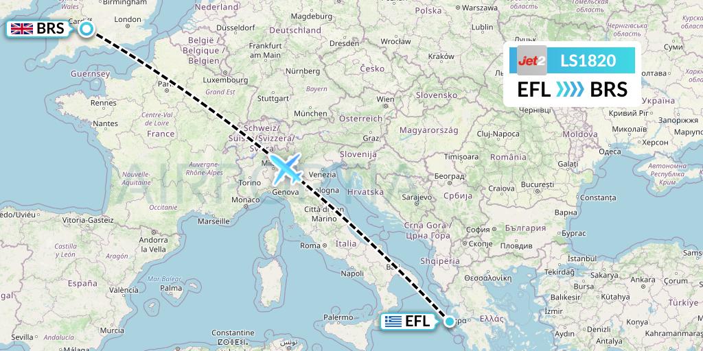 LS1820 Jet2 Flight Map: Kefalonia to Bristol