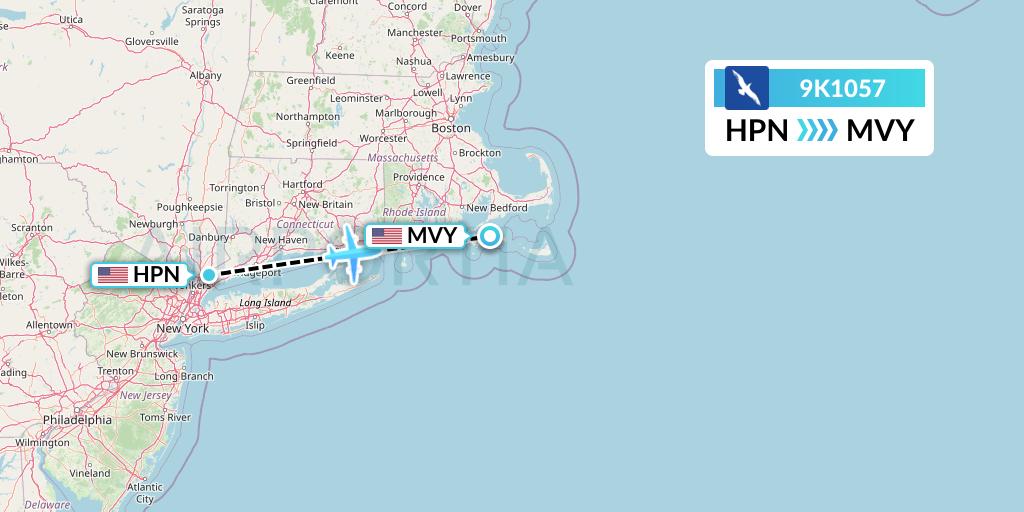 9K1057 Cape Air Flight Map: White Plains to Martha's Vineyard