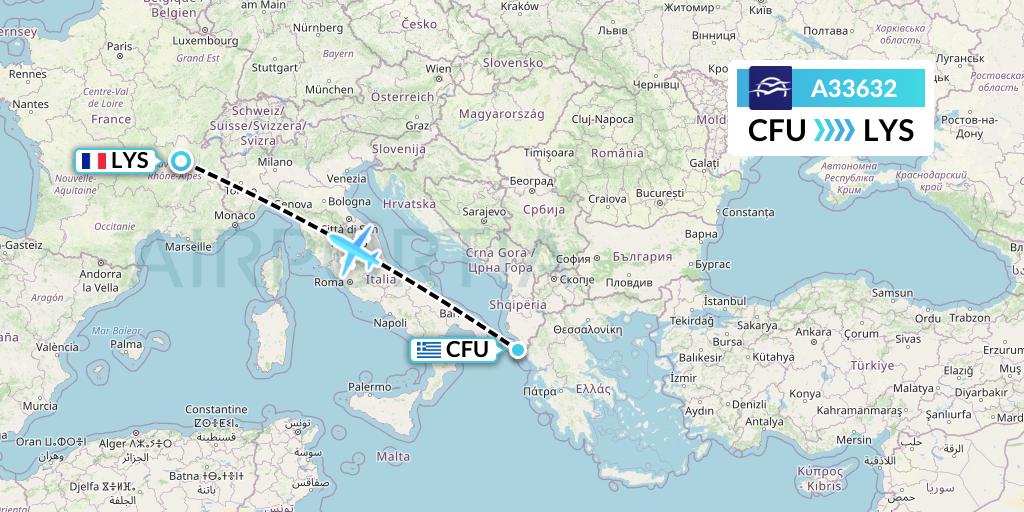 A33632 Aegean Airlines Flight Map: Corfu to Lyon