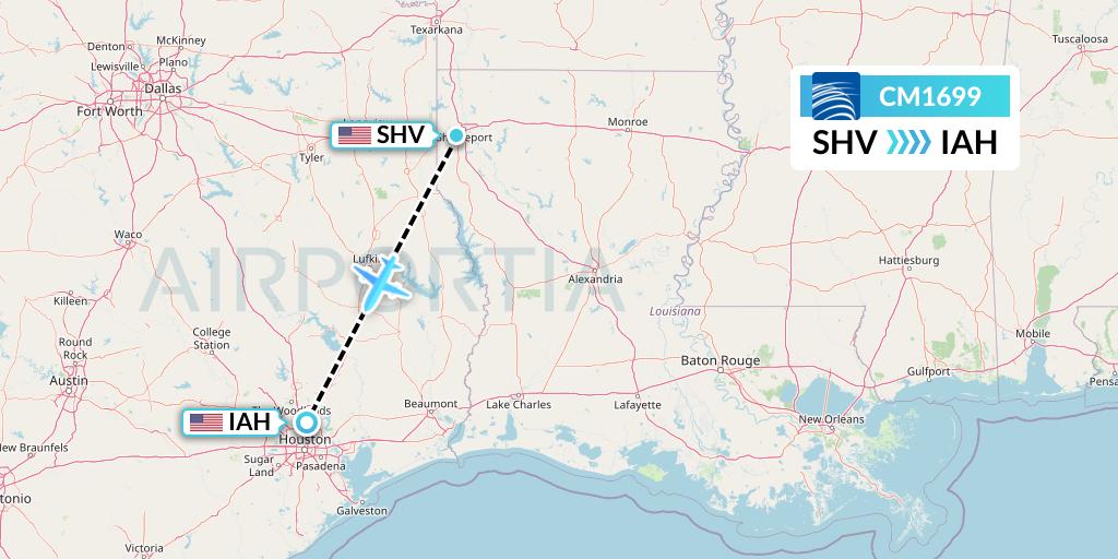 CM1699 Copa Airlines Flight Map: Shreveport to Houston