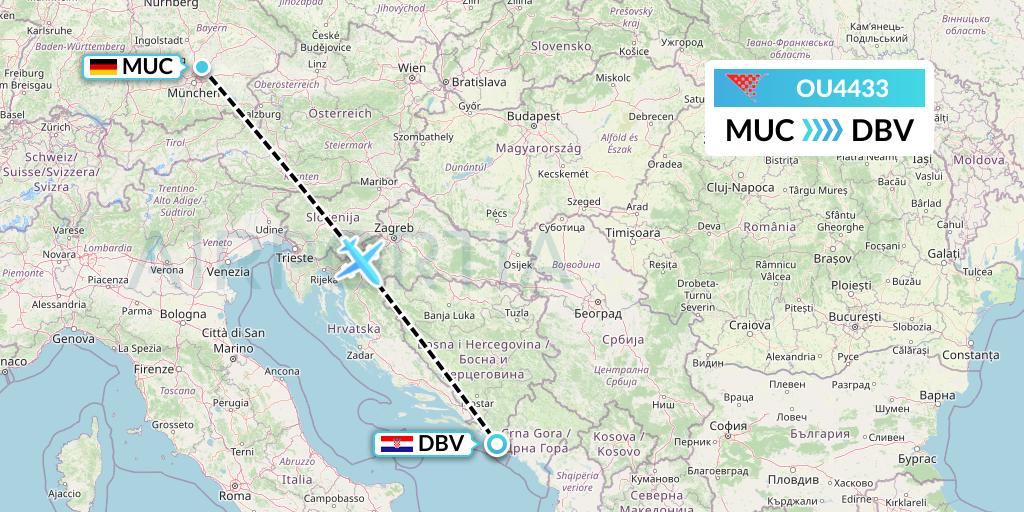 OU4433 Croatia Airlines Flight Map: Munich to Dubrovnik