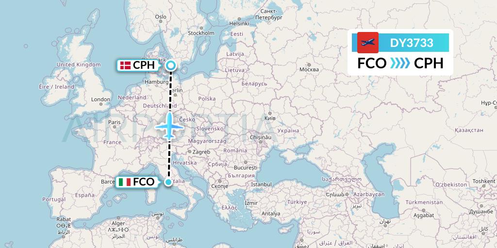 DY3733 Norwegian Flight Map: Rome to Copenhagen