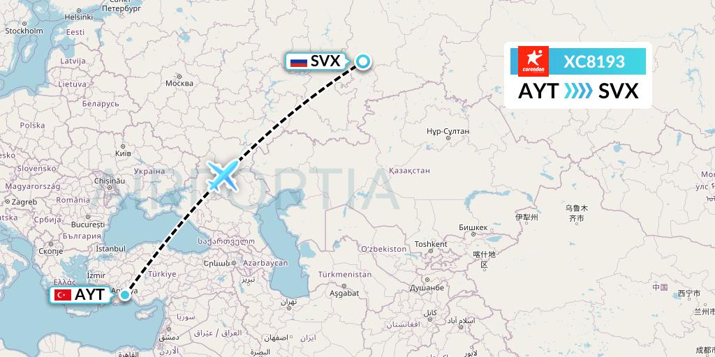 XC8193 Corendon Airlines Flight Map: Antalya to Yekaterinburg