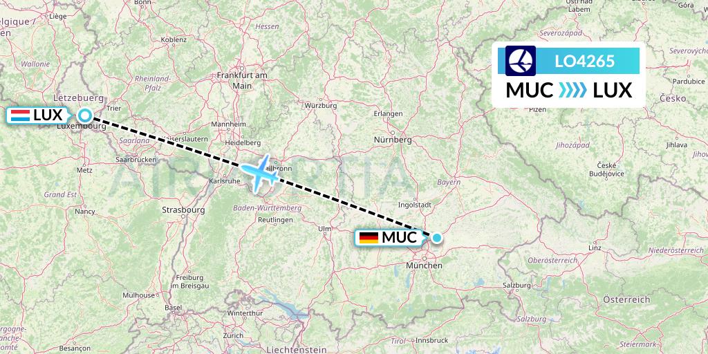 LO4265 LOT Flight Map: Munich to Luxembourg