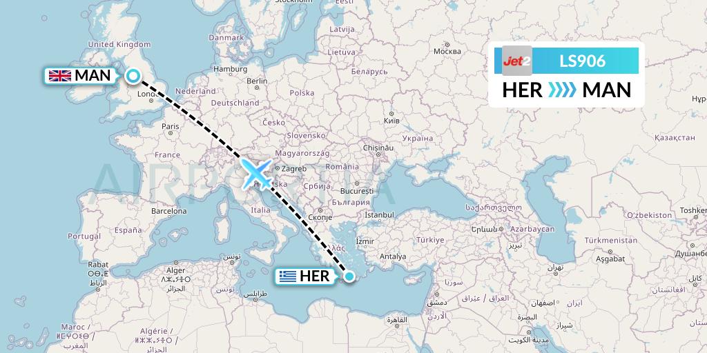 LS906 Jet2 Flight Map: Heraklion to Manchester