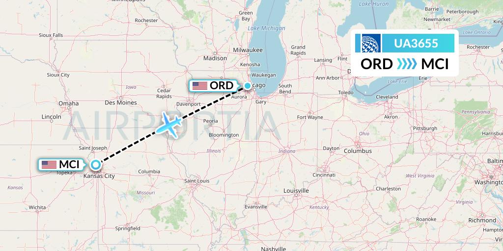 UA3655 United Airlines Flight Map: Chicago to Kansas City