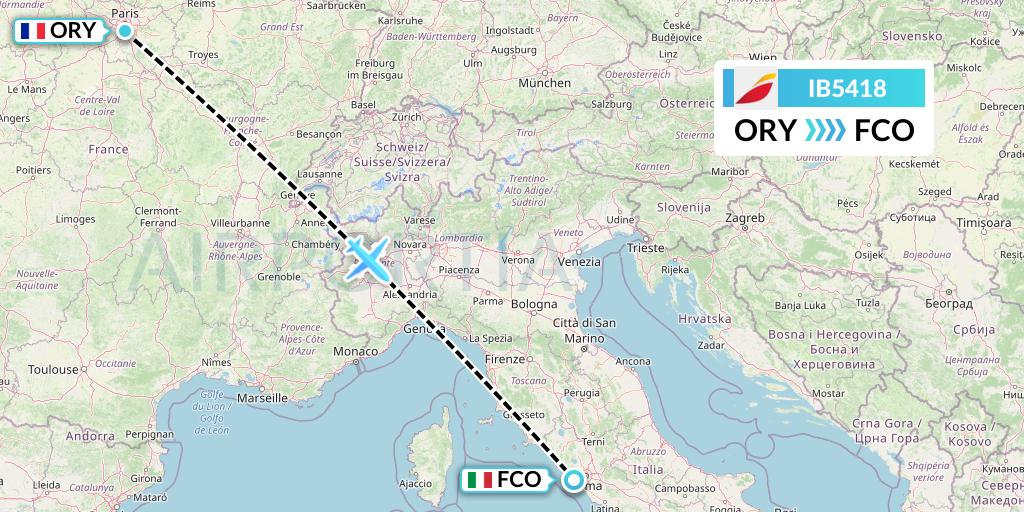 IB5418 Iberia Flight Map: Paris to Rome