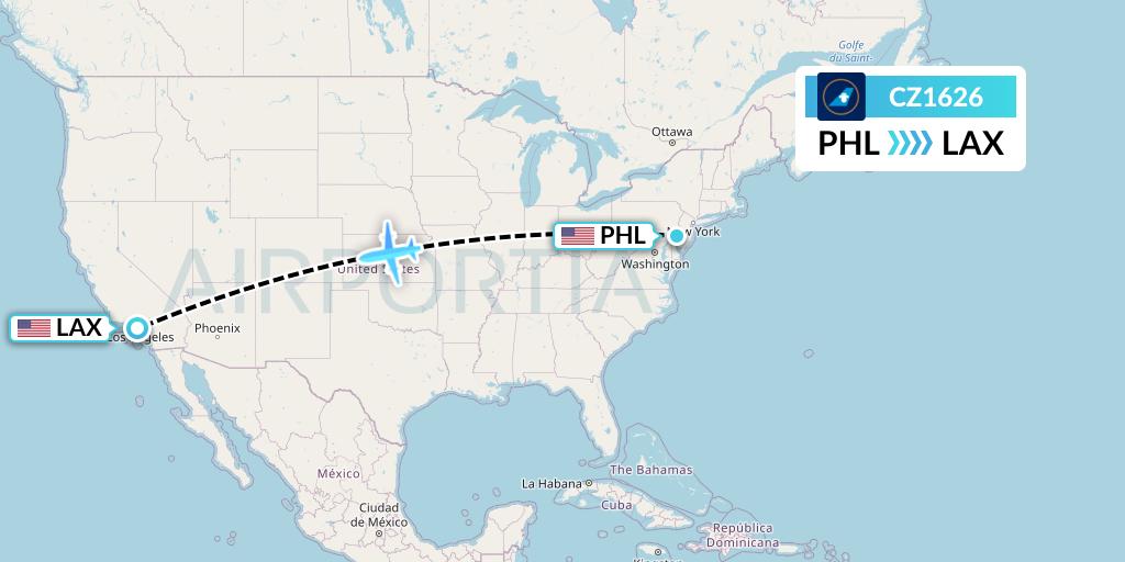 CZ1626 China Southern Airlines Flight Map: Philadelphia to Los Angeles