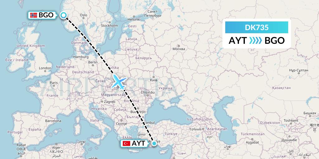 DK735 Thomas Cook Airlines Scandinavia Flight Map: Antalya to Bergen