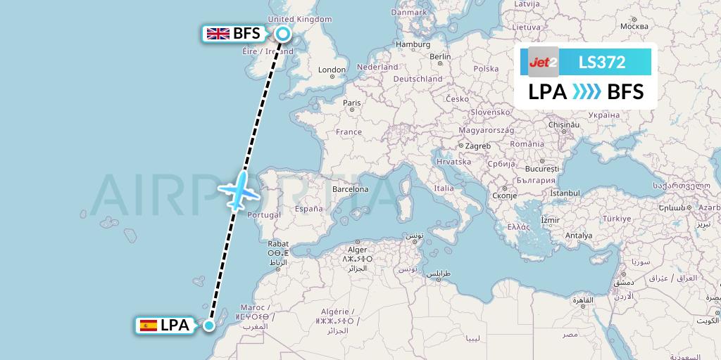 LS372 Jet2 Flight Map: Las Palmas to Belfast
