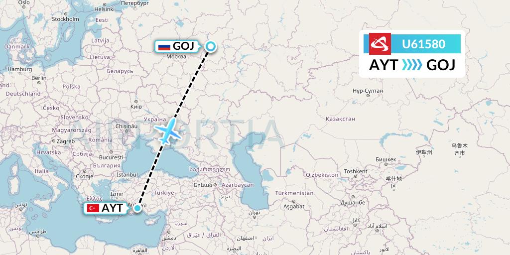 U61580 Ural Airlines Flight Map: Antalya to Nizhny Novgorod