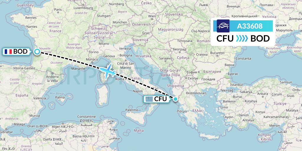 A33608 Aegean Airlines Flight Map: Corfu to Bordeaux