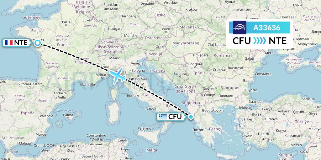 A33636 Aegean Airlines Flight Map: Corfu to Nantes