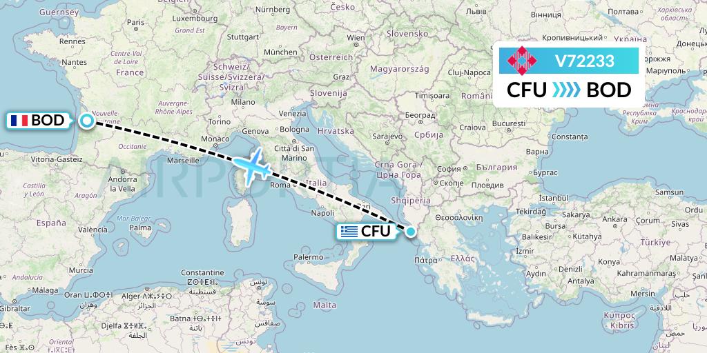 V72233 Volotea Flight Map: Corfu to Bordeaux