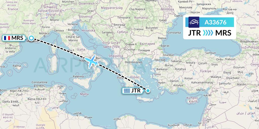 A33676 Aegean Airlines Flight Map: Santorini to Marseille