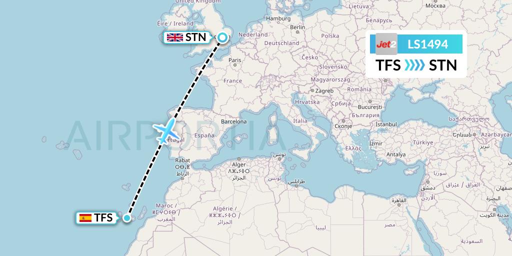 LS1494 Jet2 Flight Map: Tenerife to London