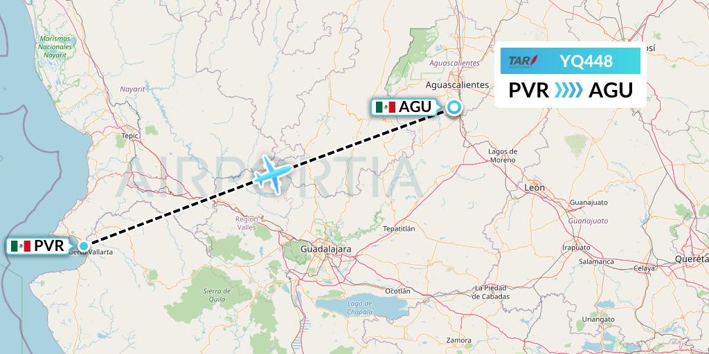 YQ448 TAR Aerolineas Flight Map: Puerto Vallarta to Aguascalientes