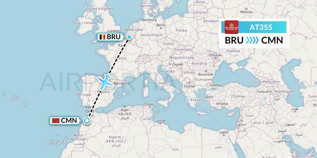 AT355 Royal Air Maroc Flight Map: Brussels to Casablanca