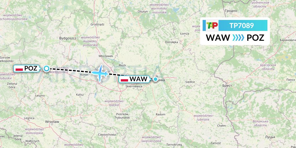 TP7089 TAP Portugal Flight Map: Warsaw to Poznan