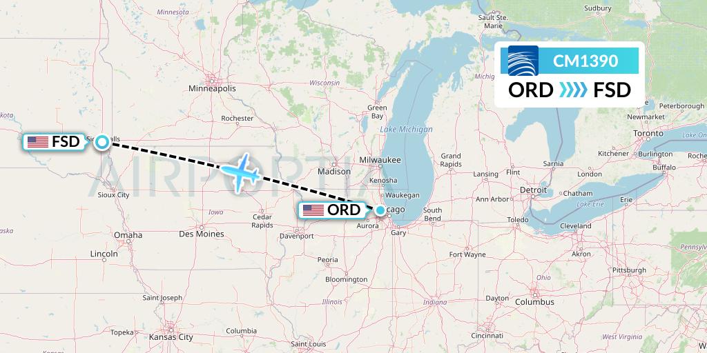 CM1390 Copa Airlines Flight Map: Chicago to Sioux Falls